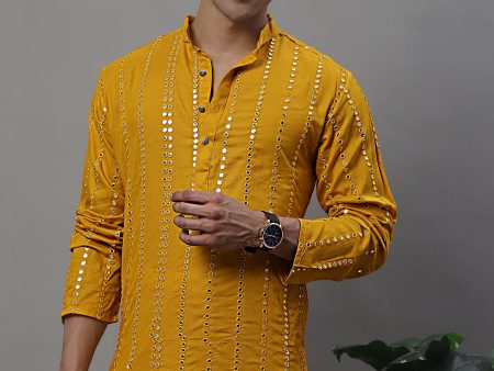 Jompers Men s Embroidered Mirror Work Kurta - Mustard For Sale