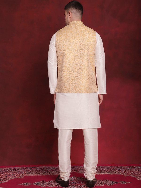 Jompers Men s Golden Woven Design Nehru Jacket With Kurta Pyjama Set Hot on Sale