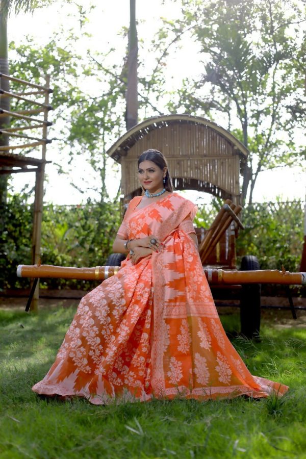 Partywear Designer Orange Jamdani contton Fancy Saree - Starwalk For Sale