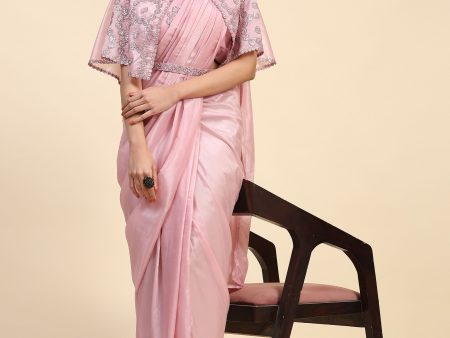 Pink Satin Solid Ready to wear Saree with stitched Blouse - Vanita For Sale