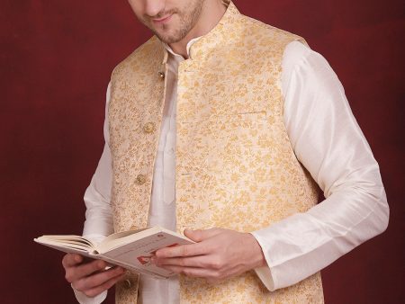 Jompers Men s Golden Woven Design Nehru Jacket With Kurta Pyjama Set Hot on Sale