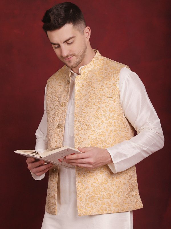 Jompers Men s Golden Woven Design Nehru Jacket With Kurta Pyjama Set Hot on Sale