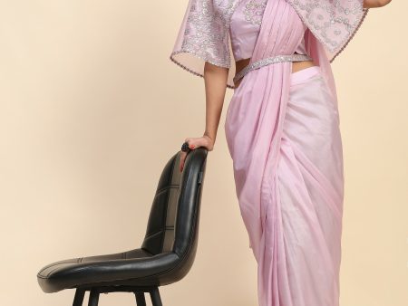 Light Lavendar Satin Solid Ready to wear Saree with stitched Blouse - Vanita Discount