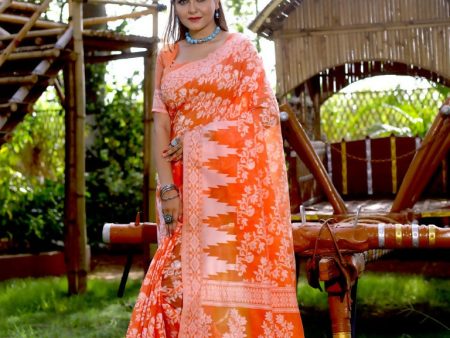 Partywear Designer Orange Jamdani contton Fancy Saree - Starwalk For Sale