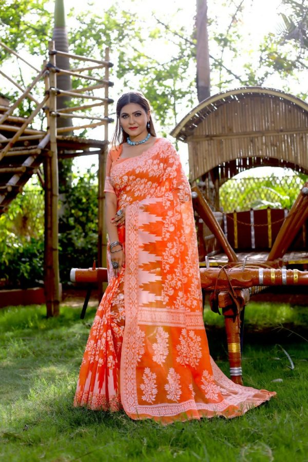 Partywear Designer Orange Jamdani contton Fancy Saree - Starwalk For Sale