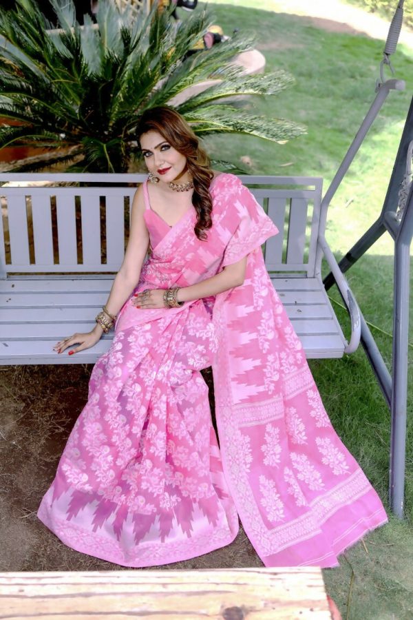 Partywear Designer Pink Jamdani contton Fancy Saree - Starwalk For Discount