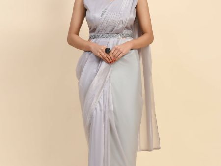 Grey Satin Solid Ready to wear Saree with stitched Blouse - Vanita Online now