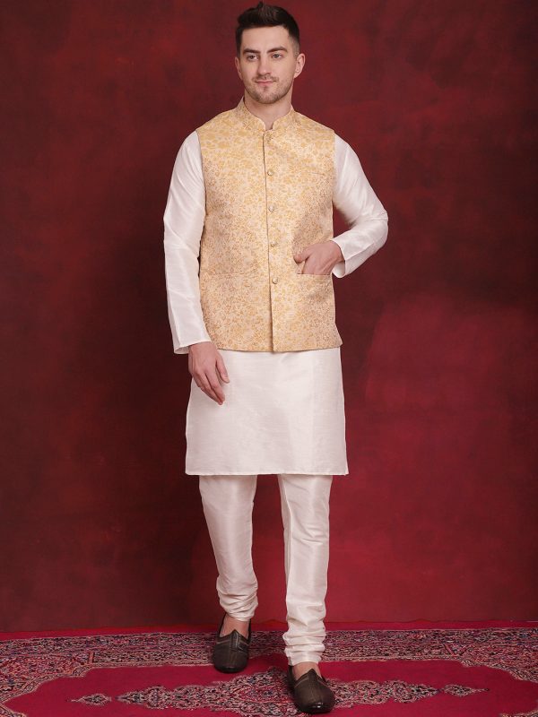 Jompers Men s Golden Woven Design Nehru Jacket With Kurta Pyjama Set Hot on Sale