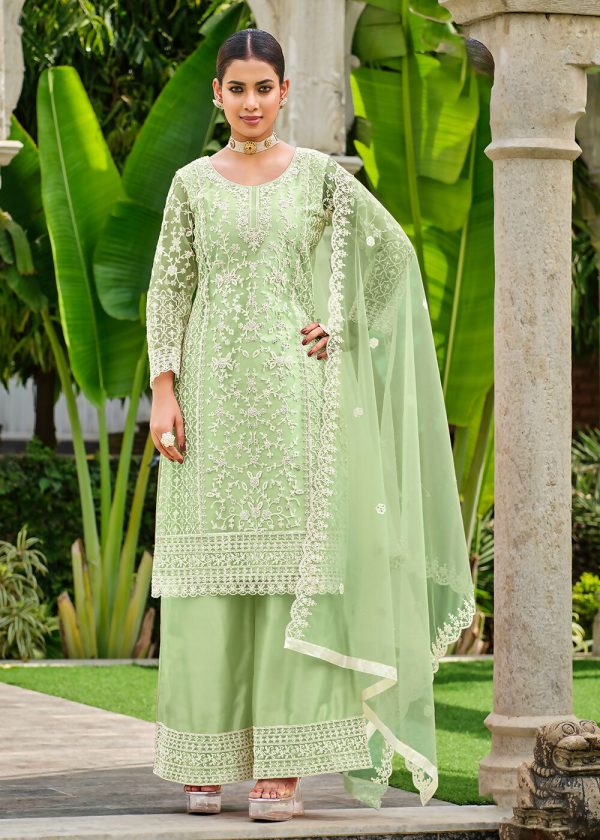 Pista Green Stone & Cording Work Festive Palazzo Suit - Emponline Online Sale