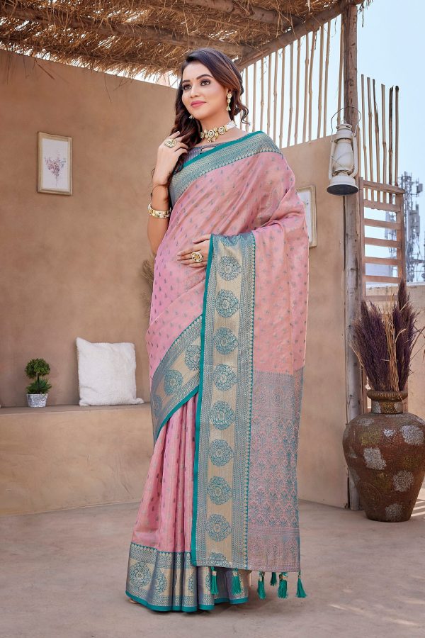 NOZ2TOZ Women s Party Wear Weaving Work Zarna Silk Saree with Un Stitched Blouse - Pink Online now