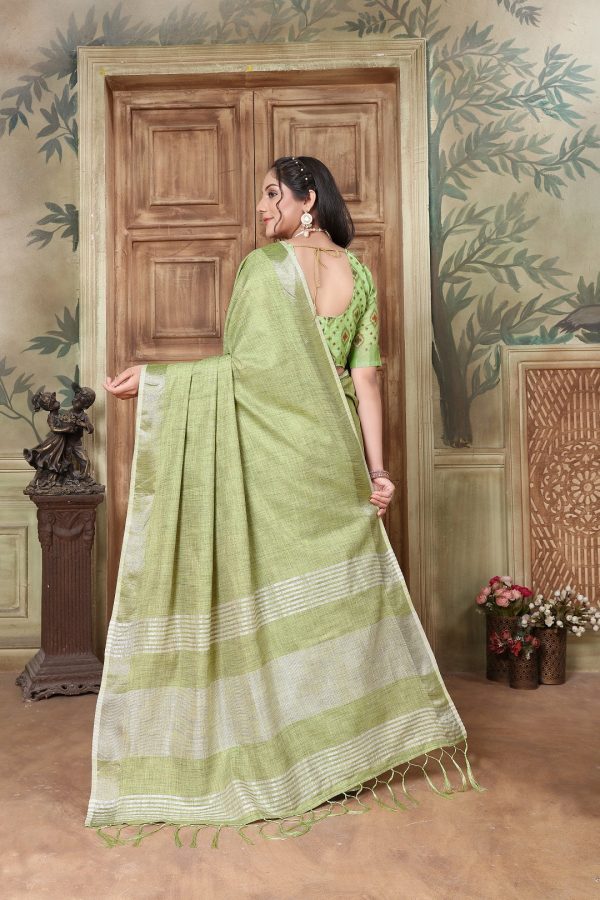 NOZ2TOZ Women s Party Wear Weaving Work Linen Saree with Un Stitched Blouse - Green Discount