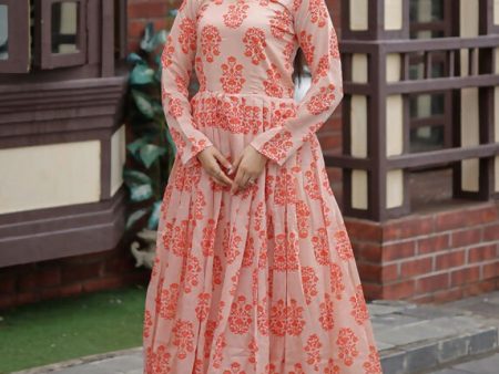 Aastha Fashion Women s Peach Pure Chanderi Digital Printed Anarkali Dress Online