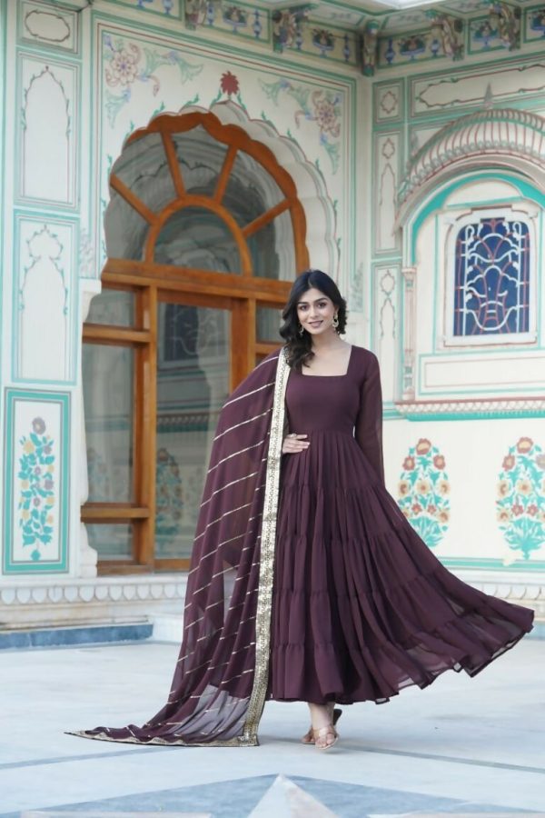 Aastha Fashion Women s Brown Faux Georgette 5 Layer Frill Work Anarkali Dress with Dupatta Online Hot Sale