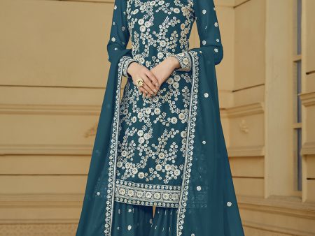 Turquoise Blue Embroidered Georgette Gharara Style Suit - Emponline For Discount