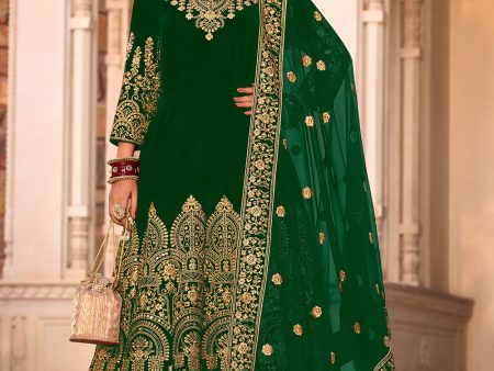 Green Velvet Front & Back Embroidery Wedding Anarkali Suit - Emponline Online