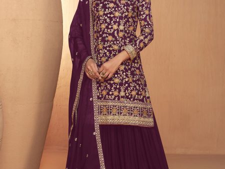 Wine Real Chinnon Embroidered Wedding Festive Palazzo Suit - Emponline Fashion