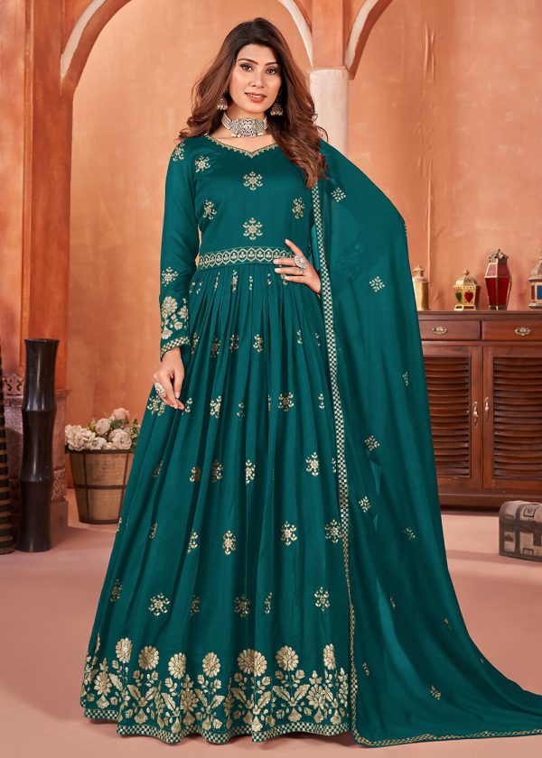 Rama Green Festive Embroidered Art Silk Anarkali Suit - Emponline For Cheap