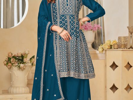 Chinnon Peacock Blue Embroidered Palazzo Salwar Suit - Emponline Supply