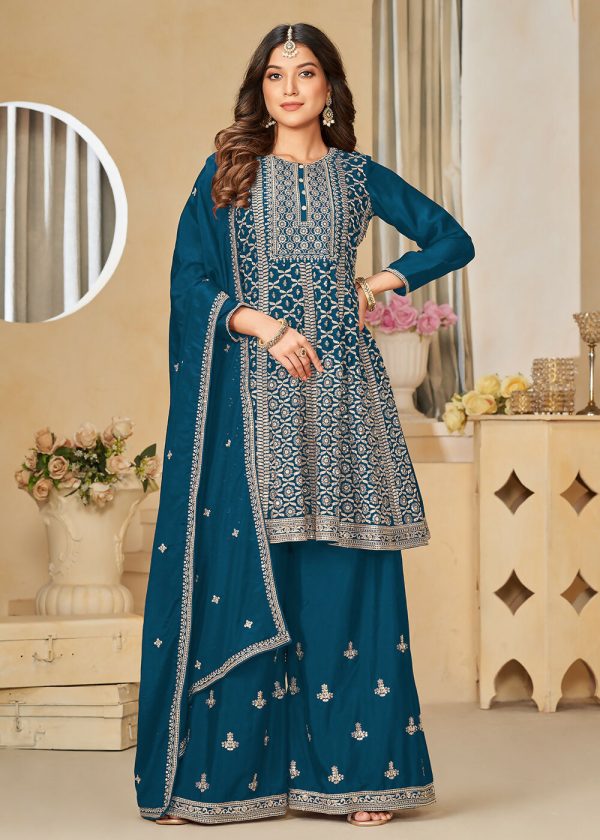 Chinnon Peacock Blue Embroidered Palazzo Salwar Suit - Emponline Supply