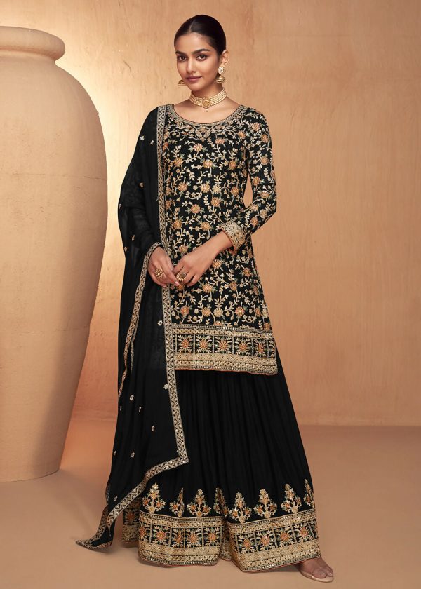 Black Real Chinnon Embroidered Wedding Festive Palazzo Suit - Emponline Hot on Sale