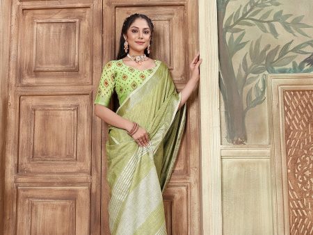 NOZ2TOZ Women s Party Wear Weaving Work Linen Saree with Un Stitched Blouse - Green Discount