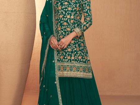 Green Real Chinnon Embroidered Wedding Festive Palazzo Suit - Emponline Online