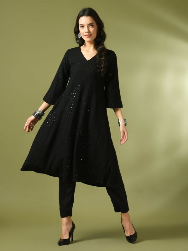 Myshka Women s Black Embroidered Cotton A-Line Party Kurta Set Fashion