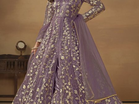 Pant Style Purple Embroidered Net Wedding Anarkali Suit - Emponline Cheap