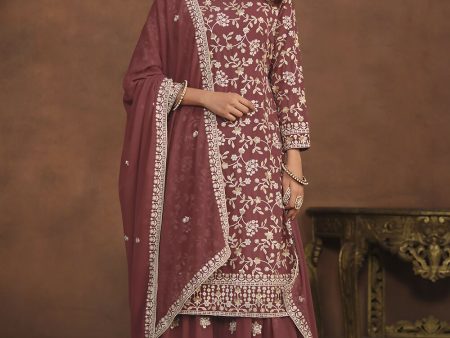 Faux Georgette Taupe Mauve Embroidered Festive Salwar Suit - Emponline Online