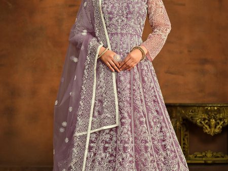 Purple All Over Embroidered Net Wedding Anarkali Suit - Emponline on Sale