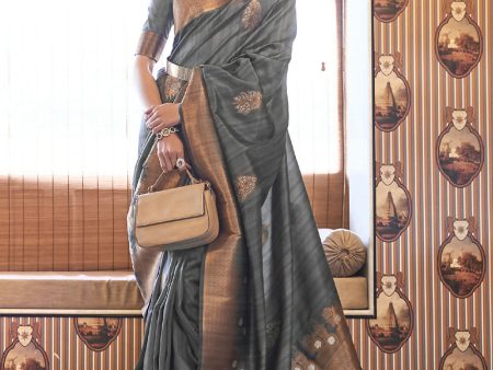 Platinum Grey Tussar Banarasi Silk Designer Saree - Emponline For Discount