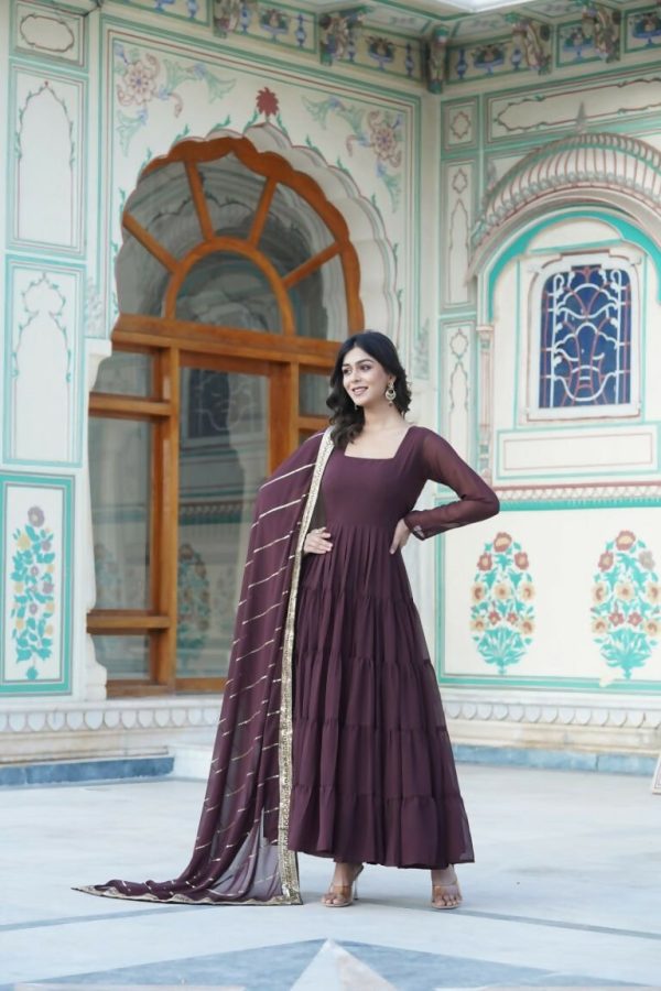 Aastha Fashion Women s Brown Faux Georgette 5 Layer Frill Work Anarkali Dress with Dupatta Online Hot Sale