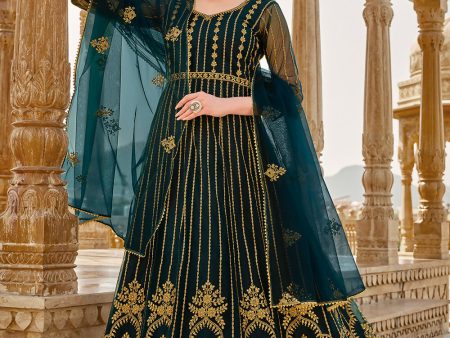 Heavy Stone Embroidered Peacock Blue Designer Anarkali Suit - Emponline Online