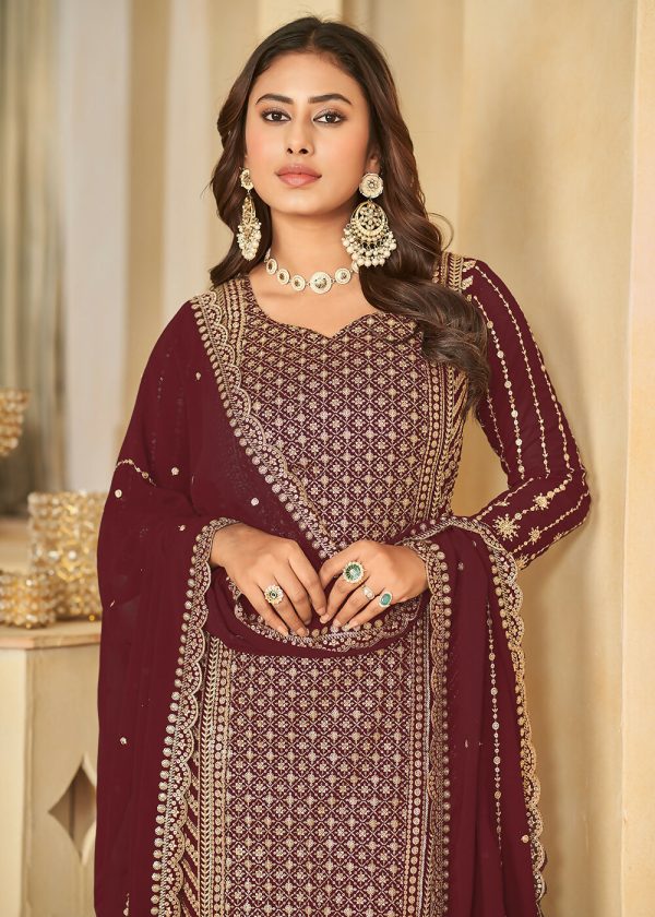 Mesmeric Maroon Faux Georgette Palazzo Suit with Embroidery - Emponline Discount