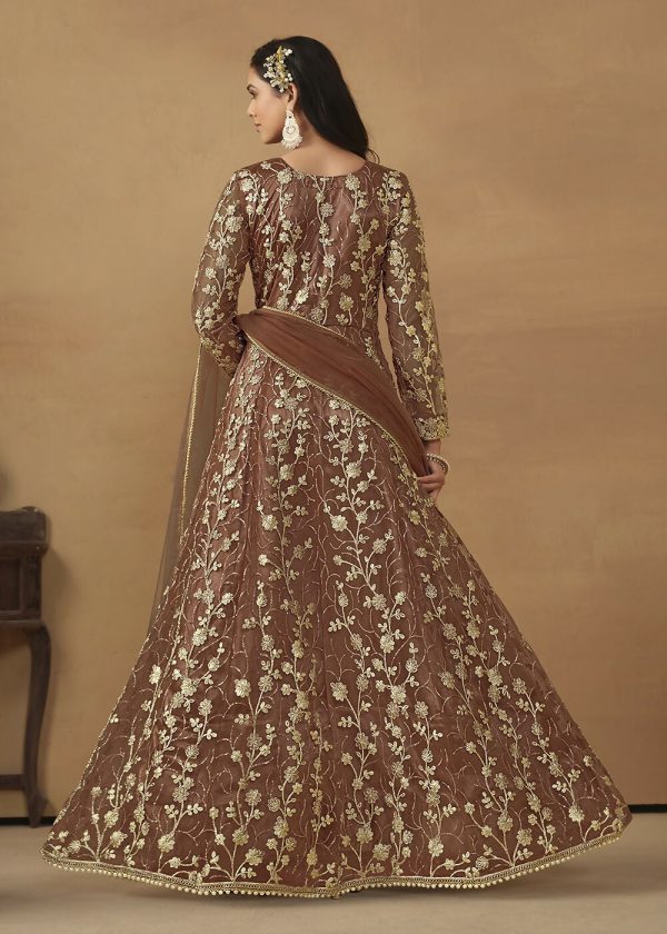 Pant Style Snuff Brown Embroidered Net Wedding Anarkali Suit - Emponline Online Hot Sale