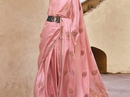 Sea Pink Pure Satin Zari Weaving Wedding Festive Saree - Emponline For Sale