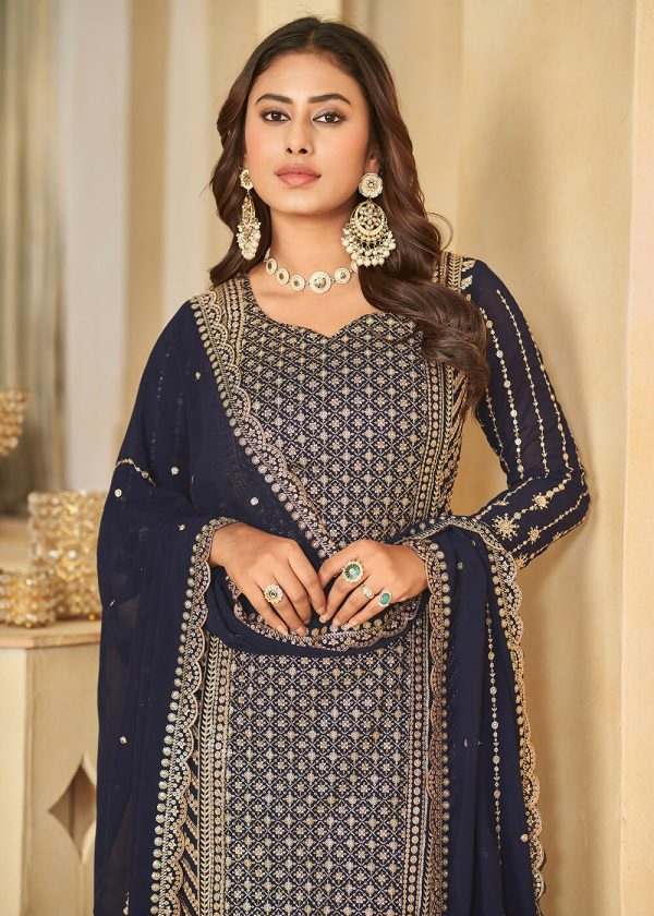 Mesmeric Blue Faux Georgette Palazzo Suit with Embroidery - Emponline Online