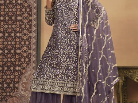 Net Dusty Purple Embroidered Festive Gharara Style Suit - Emponline Online now