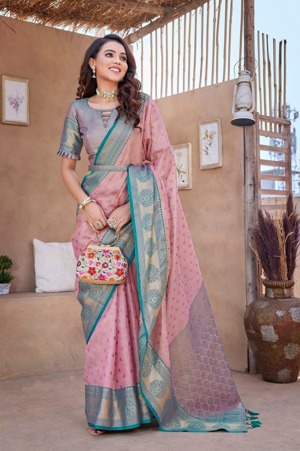 NOZ2TOZ Women s Party Wear Weaving Work Zarna Silk Saree with Un Stitched Blouse - Pink Online now