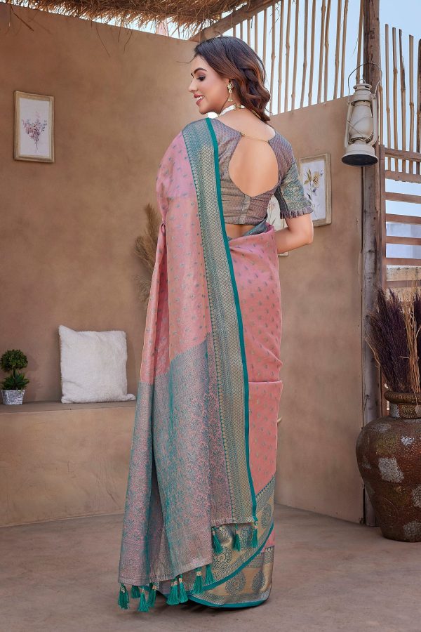 NOZ2TOZ Women s Party Wear Weaving Work Zarna Silk Saree with Un Stitched Blouse - Pink Online now