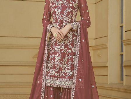 Rust Brown Embroidered Georgette Gharara Style Suit - Emponline on Sale