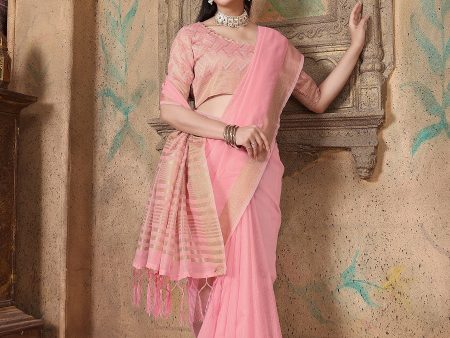 NOZ2TOZ Women s Party Wear Weaving Work Linen Saree with Un Stitched Blouse - Pink Discount