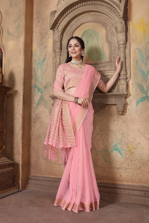 NOZ2TOZ Women s Party Wear Weaving Work Linen Saree with Un Stitched Blouse - Pink Discount