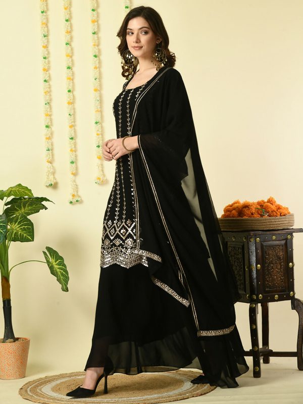 Myshka Women s Black Georgette Kurta & Skirt With Dupatta Party Sets For Discount