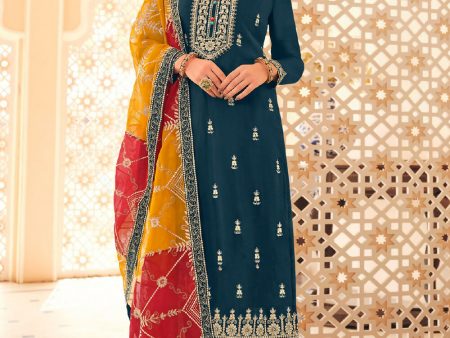 Dazzling Teal Embroidered Chinnon Palazzo Salwar Kurta - Emponline Fashion