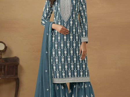 Radiant Teal Embroidered Wedding Festive Gharara Suit - Emponline on Sale