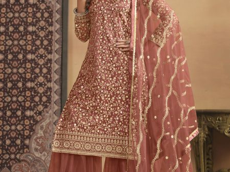 Net Rust Orange Embroidered Festive Gharara Style Suit - Emponline For Cheap