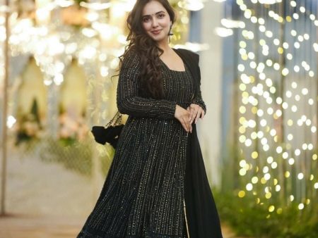 Aastha Fashion Women s Black Faux Georgette Zari Embroidery with Sequence work Gown with Dupatta Cheap