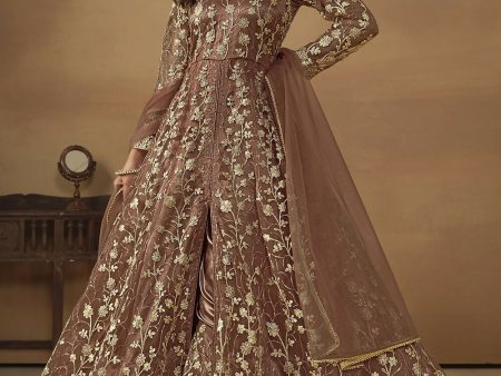 Pant Style Snuff Brown Embroidered Net Wedding Anarkali Suit - Emponline Online Hot Sale