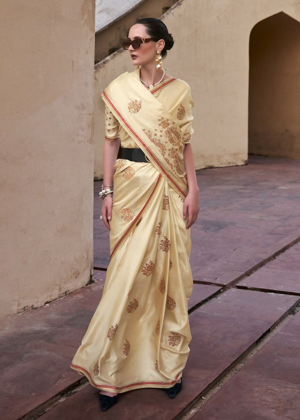 Buttermilk Beige Pure Satin Zari Weaving Wedding Festive Saree - Emponline For Discount